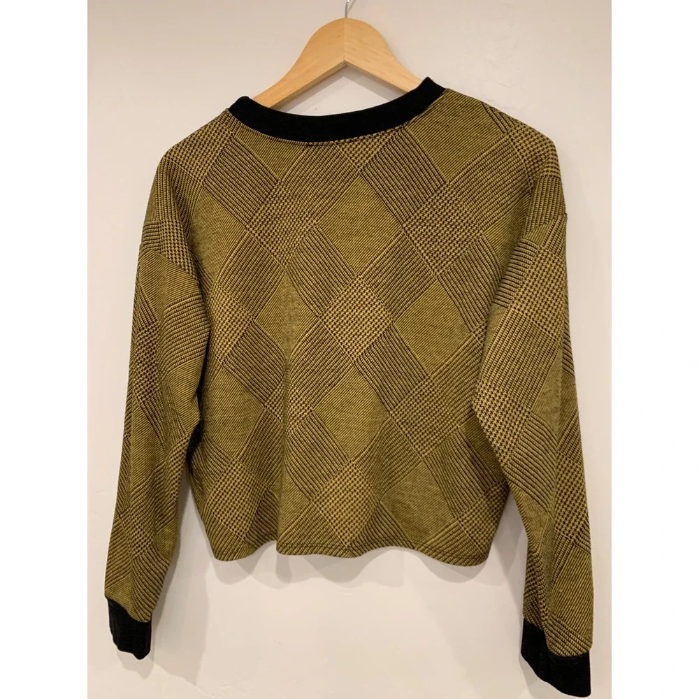 Vintage Style Houndstooth Argyle Crop Sweater Mustard Yellow Dark Academia Retro